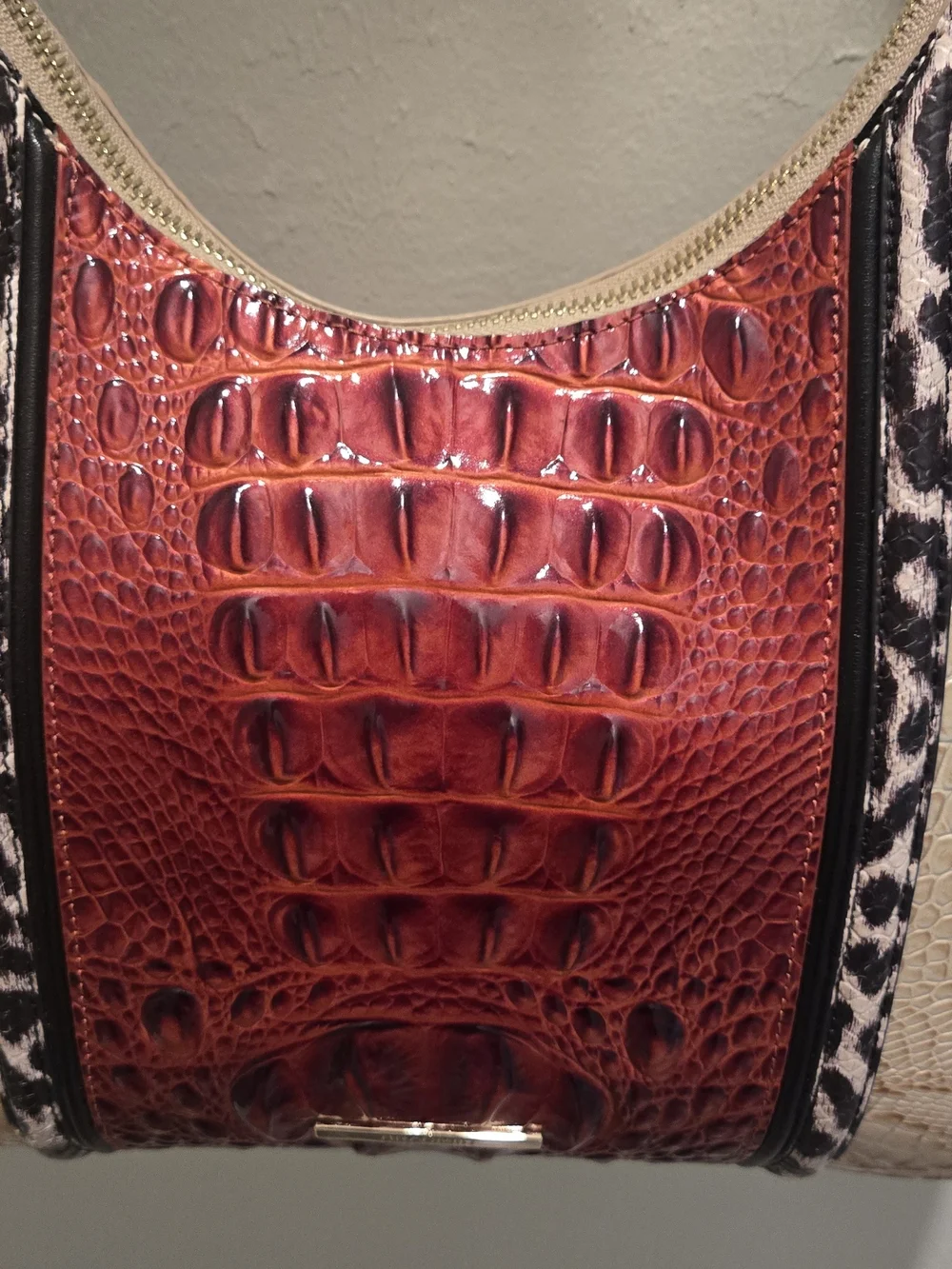 Beige and Red Croc-Accent Hobo Bag